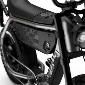 Super73 MZFT eMOTO eBike in Titanium Ore color, shown inside its original packaging box