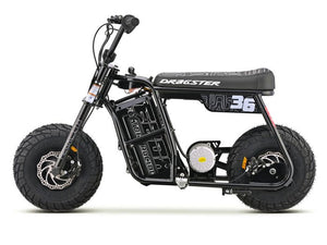 Black eMOTO EBOX Dragster electric bike, side view, against a white background