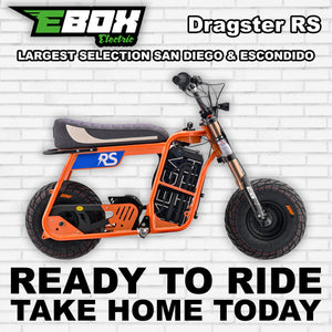 eMOTO Ebox Dragster RS electric bike in R2R Orange, side view, against a white background