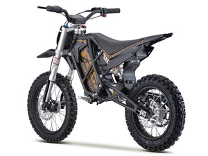 Electric pit bike for kids, eMOTO EBOX2 V2 Stomp EBOX, 60V 2000W, off-road motocross e-bike, shown in side view with rugged tires and sporty design