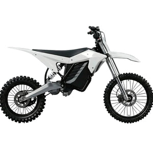 eMOTO Electro & Co ETM RTR Alpha electric motorcycle, side view, black and blue color, displayed in showroom setting