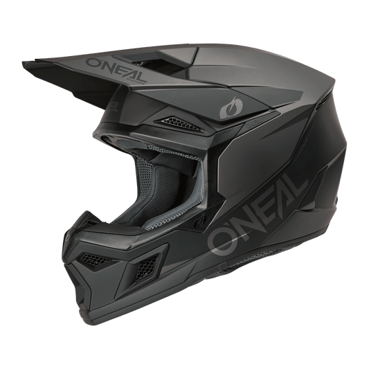 O'Neal 3 SRS eMOTO helmet in large size, black and grey color, front and side view