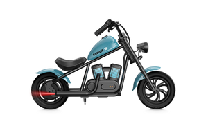 Blue eMOTO Hyper Gogo Cruiser 12 Plus electric bike shown with and without training wheels.