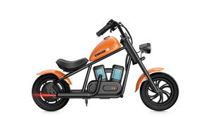 eMOTO Hyper Gogo Cruiser 12 Plus electric bike in orange, shown with and without training wheels, product image, model number 874216