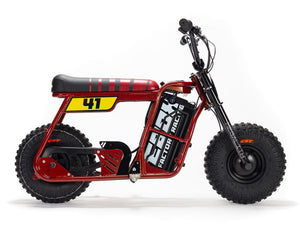 A black and green eMOTO Stomp Ebox Dragster Micro Electric Pit Bike displayed on a white background.