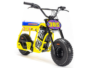eMOTO Stomp Ebox Dragster Micro Electric Pit Bike, side view, black and green color scheme, displayed on a white background