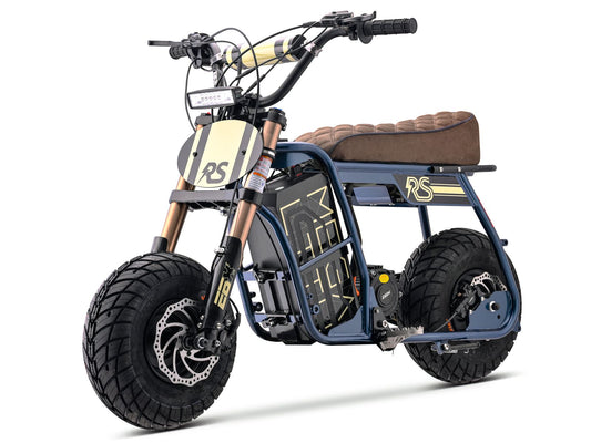 Navy eMOTO Stomp Ebox Dragster RS electric bike in its original box, product image showing packaging and bike partially visible inside.