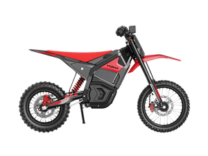 Red eMOTO Yozma IN 10 SE Pro 1 electric motorcycle, side view, on white background