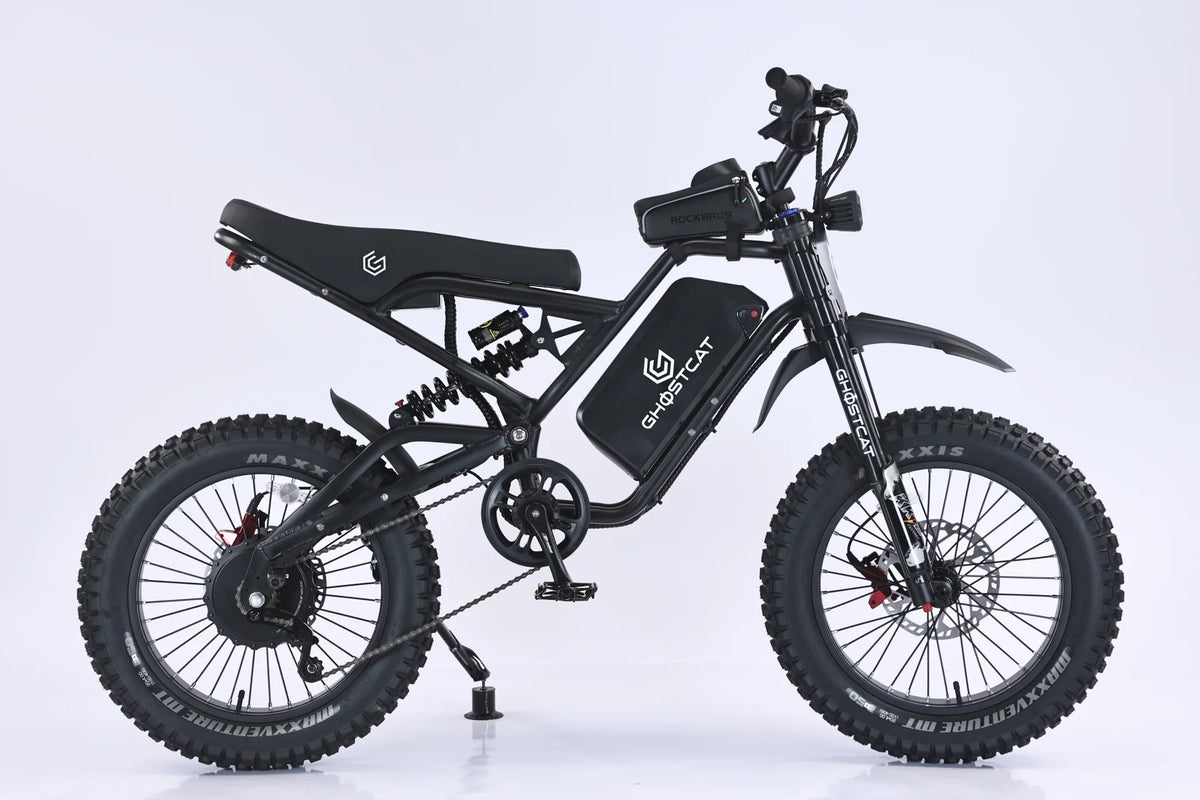 Side view of the eMOTO GHOSTCAT F4X Pro electric motorcycle in black, showcasing its sleek frame, large tires, and modern design features.