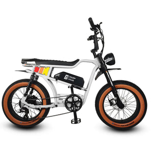White eMOTO GOLDEN CYCLE Panthro 750w Moto eBike with 20x4 fat tires, electric e-moto style, side view, product image.