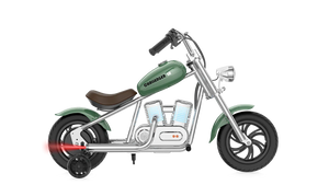 Hyper Gogo Challenger 12 Plus kids electric motorbike in Green, with training wheels