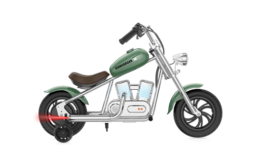 Hyper Gogo Challenger 12 Plus kids electric motorbike in Green, with training wheels