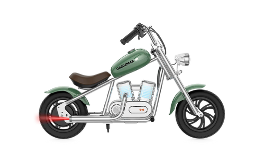 Hyper Gogo Challenger 12 Plus kids electric motorbike in Green, without training wheels