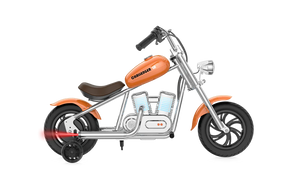 Orange eMOTO Hyper Gogo Challenger 12 Plus electric bike with training wheels, shown in profile, featuring app connectivity