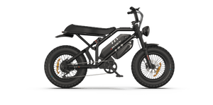 Metallic black eMOTO RAEV Bullet GTX electric bike with 1500W motor, dual suspension, and moto-style design, side view