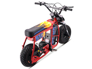 Red Emoto Stomp Ebox Dragster 60R electric pit bike displayed in a showroom with branding and product details visible.