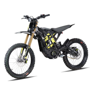 Black Surron Light Bee X electric dirt bike, side view, on a white background