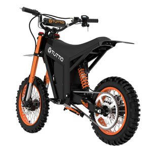 A black and yellow eMOTO TUTTIO Soleil01 mini electric dirt bike with 48v 2000w motor, shown from the side on a white background.