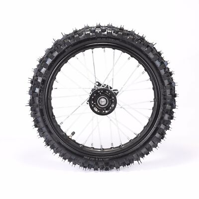 12-inch eMOTO wheel assembly featuring an 80/100-12 knobby tire, metal rim, inner tube, and attached brake rotor, product image 1