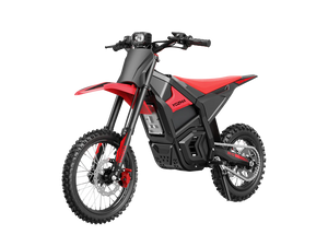 Red eMOTO Yozma IN 10 electric scooter, side view, showcasing sleek design and black wheels