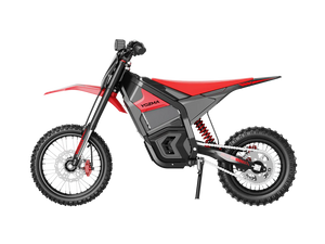 Red eMOTO Yozma IN 10 electric scooter, side view, showcasing sleek design and black wheels