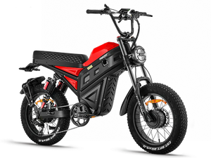 Red eMOTO Freesky Cheetah MT 380 electric bike, side view, on a white background