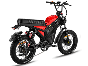Red eMOTO Freesky Cheetah MT 380 electric bike side view against a plain background