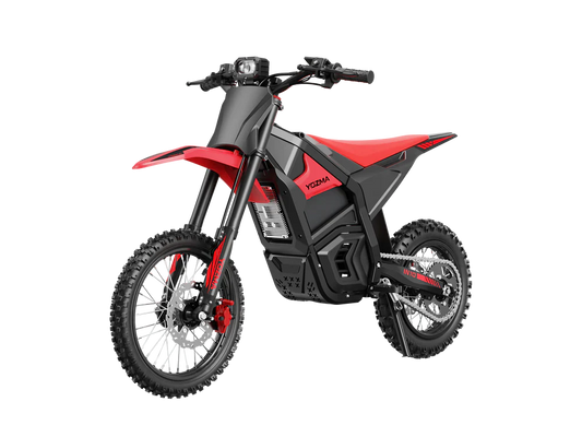 Red electric motorcycle, side view, modern design, parked on white background
