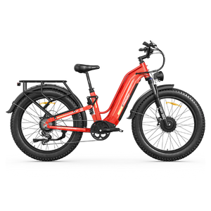 Red Freesky Ranger Air M-540 electric bike, side view, displayed on a white background