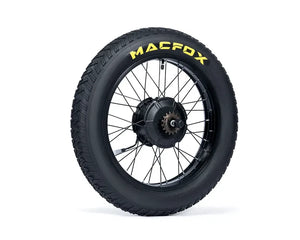 Macfox X1S eBike motor with attached wheel and rim, product image on white background