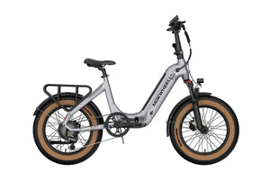 Grey MOKWHEEL Slate 500W step-thru folding electric bike with 20x3 road tires, shown from the side.
