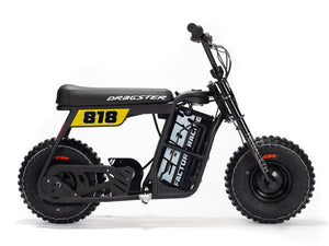 A black and green eMOTO Stomp Ebox Dragster Micro Electric Pit Bike, side view, on a white background.