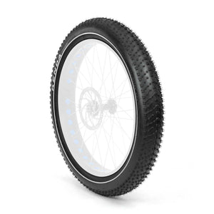 Electric bike with 26x4 inch Kenda Krusade fat tires featuring reflective sidewalls, shown in a product display image.