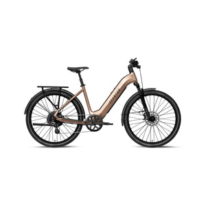 Aventon Level 4 REC Step-Thru electric bike in sandstone color, side view, displayed on a white background.