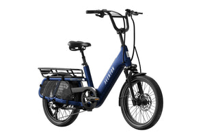 Aventon Abound SR electric cargo bike in Cobalt blue, side view, featuring rear cargo rack and step-through frame