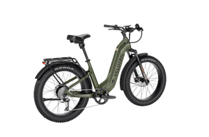 Olive green Velotric Nomad 2 eBike side view with fat tires and rear rack
