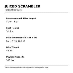 Juiced Scrambler Hardtail electric bike size guide chart showing recommended rider heights and frame dimensions