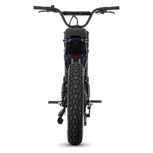 Juiced Scrambler full suspension electric bike with single battery in Grape Juice color, side view on white background