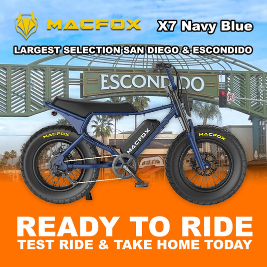 Navy blue Macfox X7 eBike side view with R2R branding, displayed on a white background