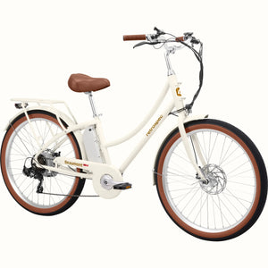 Retrospec Beaumont Rev 3 eBike in eggshell color, side view, featuring step-through frame, rear rack, and brown saddle