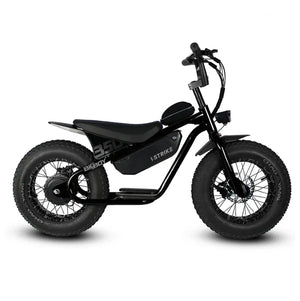A black eMOTO eBike Strike Big Boy electric bicycle parked outdoors on a paved surface, showcasing its sturdy frame, thick tires, and battery pack.