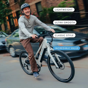 Lectric XPress Lite electric bike in Stratus White, side view, showing lightweight frame and compact design
