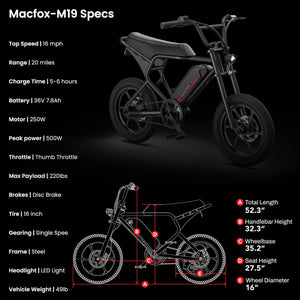 MACFOX M19 Electric e - Moto Style eBike - Step Over 250 w Electric Mini Fat Tire eBike - Moto Style Bike - Macfox - M19 - eBike - Black - Box eBike Super Shop