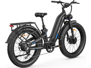 Side view of the Freesky Ranger Air M-540 electric bike in black, showing its frame, battery, wheels, and suspension fork against a white background.