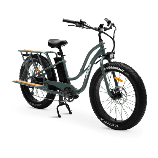 Murf Alpha Cargo fat tire electric beach cruiser e-bike, 52V 750W, designed for carrying cargo, shown in a shop setting.