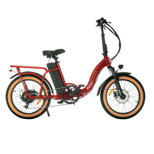 Red REVI Rebel 2 750w step-thru electric folding bike with 20x3 fat tires, shown in product image.