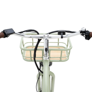 Side view of the Murf Gigi 2.0 eBike in sand color, showcasing its step-through frame, wide tires, and rear cargo rack against a plain background.