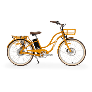 A white MURF Gigi Cruiser eBike with wide tires, step-through frame, and brown leather saddle, displayed on a plain background.