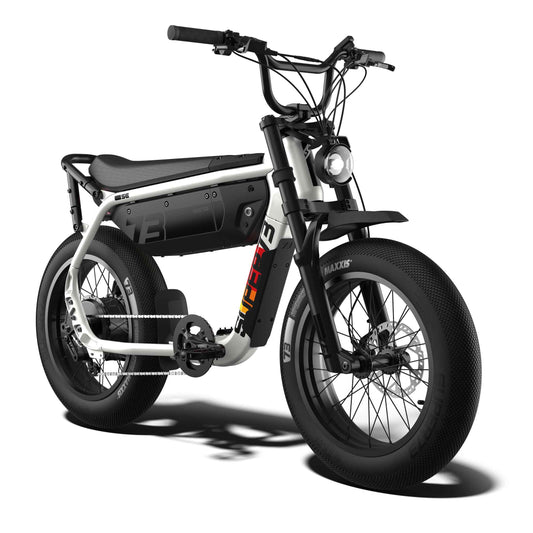 Side view of the eMOTO eBike Super73 M1D SE in a showroom, showcasing its frame, tires, and design features.