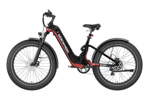 Black and red Mokwheel Obsidian ST eBike with a sturdy frame, thick tires, and modern design, shown from a side angle.